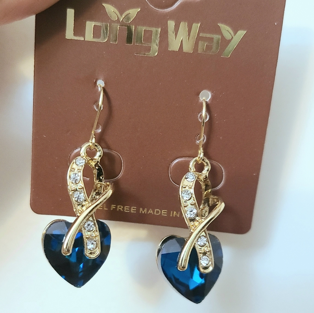 gold plated blue austrian crystal heart dangles